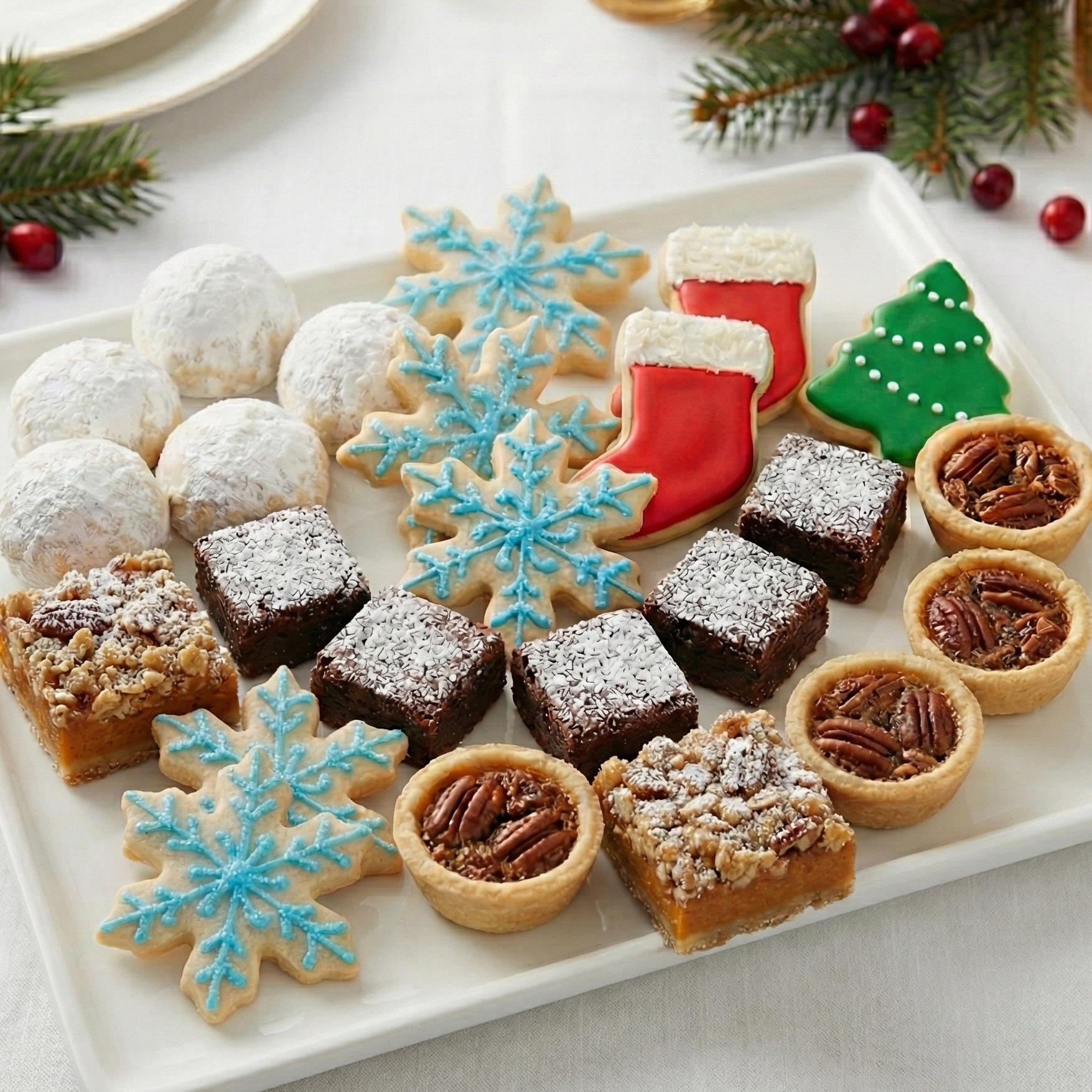Platter of holiday cookies, bars, and tarts